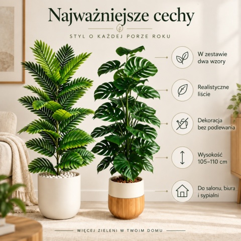 Wysokie Sztuczne rośliny doniczkowe kwiaty 2 sztuki Monstera Palma 110cm Zielone