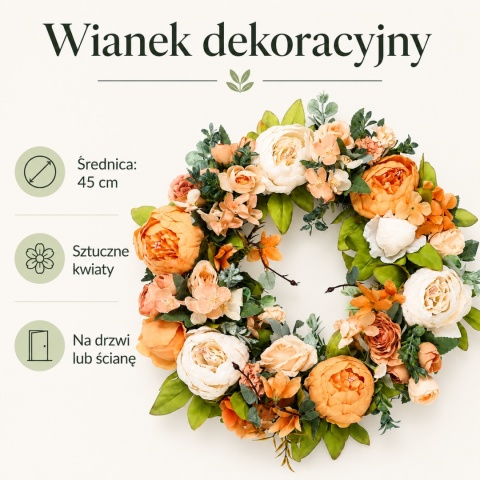 Wianek Wieniec 45cm na drzwi ścianę Pomarańczowy Sztuczne Kwiaty PRZEPIĘKNY