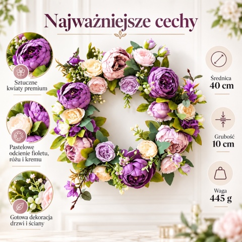 Wianek ze sztucznych kwiatów dekoracyjny 40cm na drzwi ścianę GĘSTY