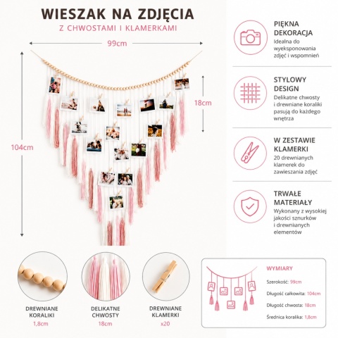 Wieszak boho na zdjęcia 99cm Makrama na ścianę z frędzelkami Rózowy Kremowy