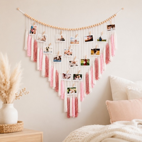 Wieszak boho na zdjęcia 99cm Makrama na ścianę z frędzelkami Rózowy Kremowy