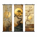 Zestaw 3 obrazów plakatów dekoracyjnych zwojów ściennych Orientalne Bonsai 40 × 120 cm