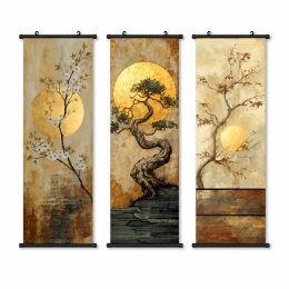 Zestaw 3 obrazów plakatów dekoracyjnych zwojów ściennych Orientalne Bonsai 40 × 120 cm