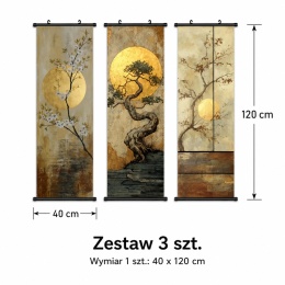 Zestaw 3 obrazów plakatów dekoracyjnych zwojów ściennych Orientalne Bonsai 40 × 120 cm