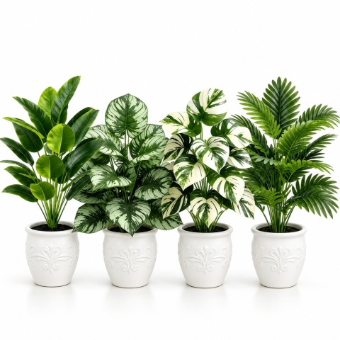 Sztuczne rośliny Kwiaty Doniczkowe 67cm Zestaw 4 sztuk Kwiatki Palma Monstera