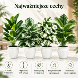 Sztuczne rośliny Kwiaty Doniczkowe 67cm Zestaw 4 sztuk Kwiatki Palma Monstera