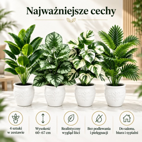 Sztuczne rośliny Kwiaty Doniczkowe 67cm Zestaw 4 sztuk Kwiatki Palma Monstera
