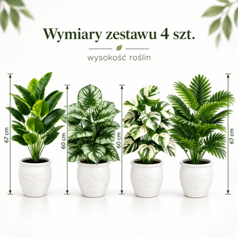 Sztuczne rośliny Kwiaty Doniczkowe 67cm Zestaw 4 sztuk Kwiatki Palma Monstera