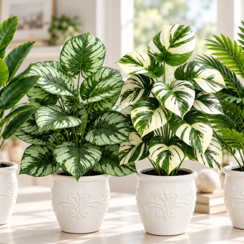 Sztuczne rośliny Kwiaty Doniczkowe 67cm Zestaw 4 sztuk Kwiatki Palma Monstera