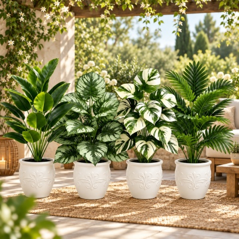 Sztuczne rośliny Kwiaty Doniczkowe 67cm Zestaw 4 sztuk Kwiatki Palma Monstera